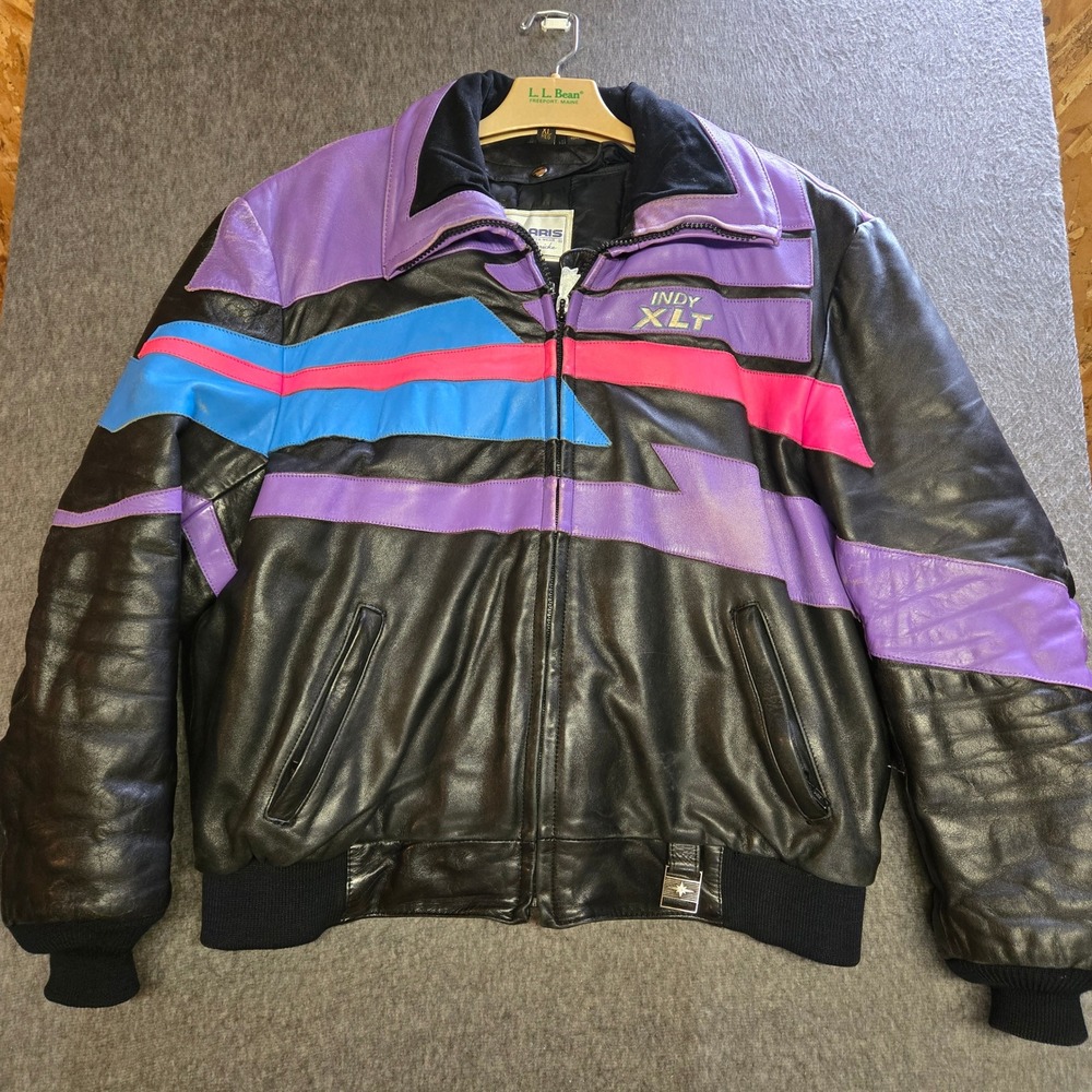 Vtg Polaris Hein Gericke Indy Leather Snowmobile Jacket Mens XLT Pink Blue 90s